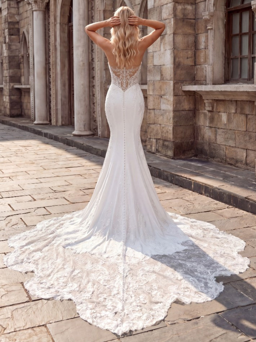 Sheath/Column Straight Appliques Lace Cathedral Train Stretch Crepe Corset Wedding Dress