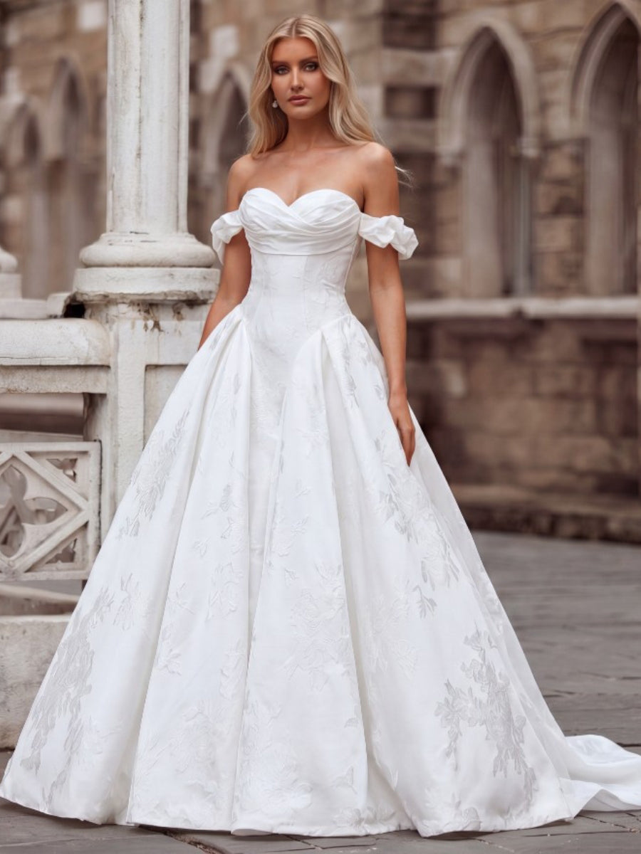 A-line/Princess Off-the-Shoulder Ruffles Court Train Corset Wedding Dress