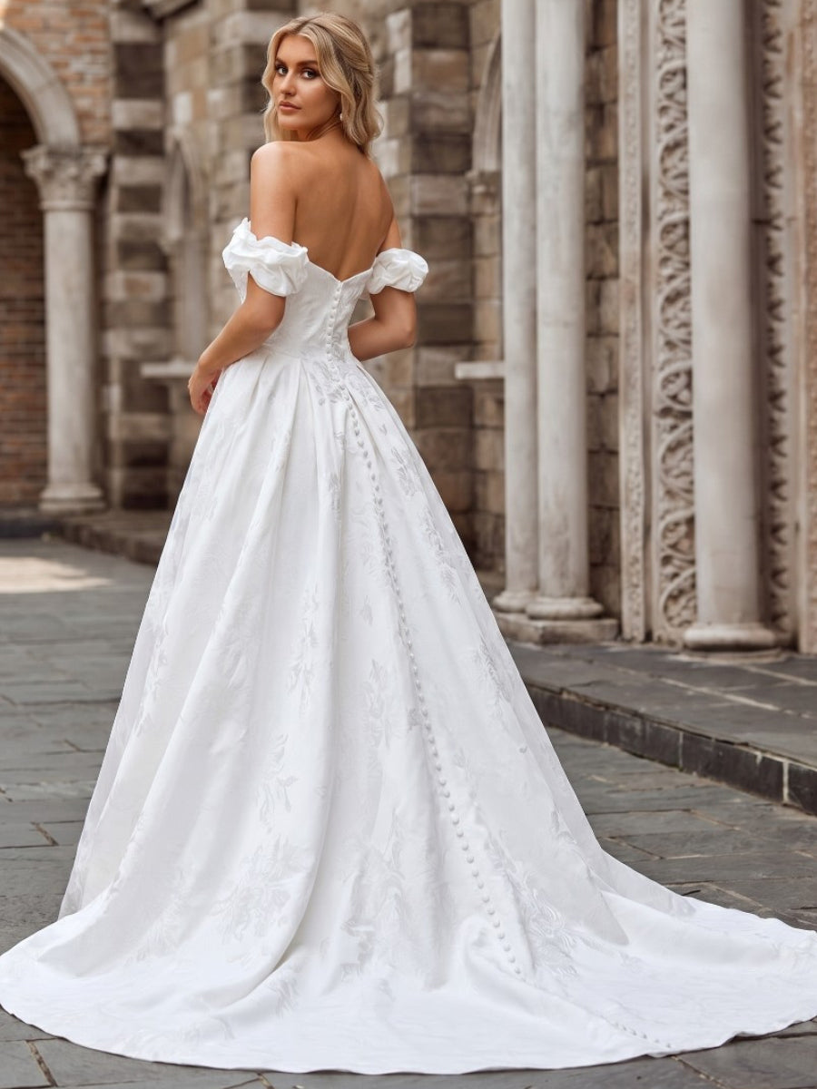 A-line/Princess Off-the-Shoulder Ruffles Court Train Corset Wedding Dress