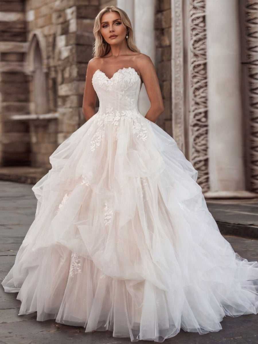 A-line/Princess Sweetheart Cascading Ruffles Court Train Tulle Corset Wedding Dress