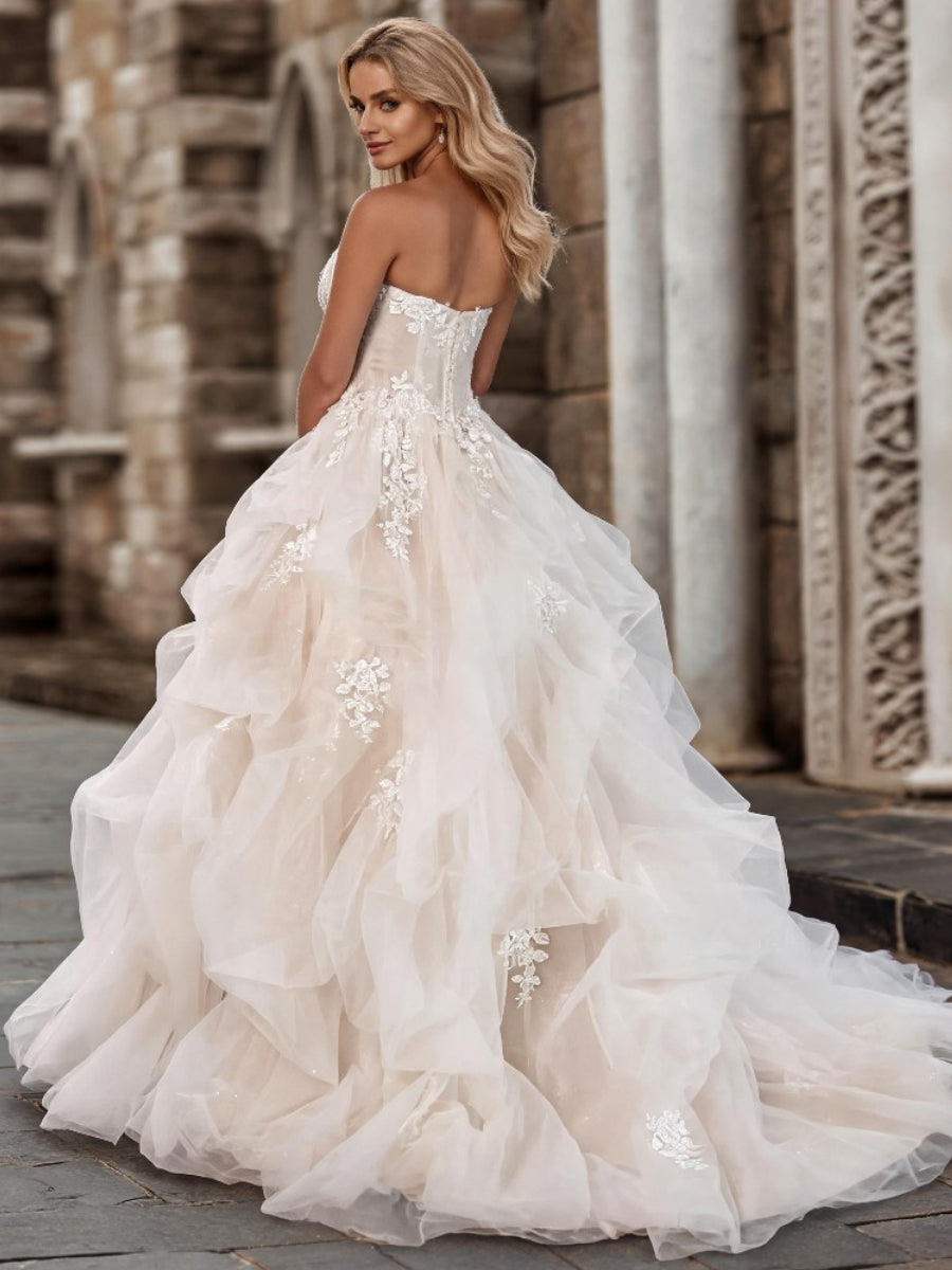 A-line/Princess Sweetheart Cascading Ruffles Court Train Tulle Corset Wedding Dress
