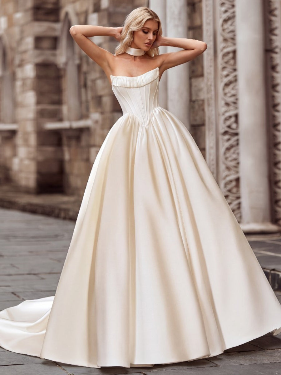 A-line/Princess Straight Ruffles Court Train Corset Wedding Dress