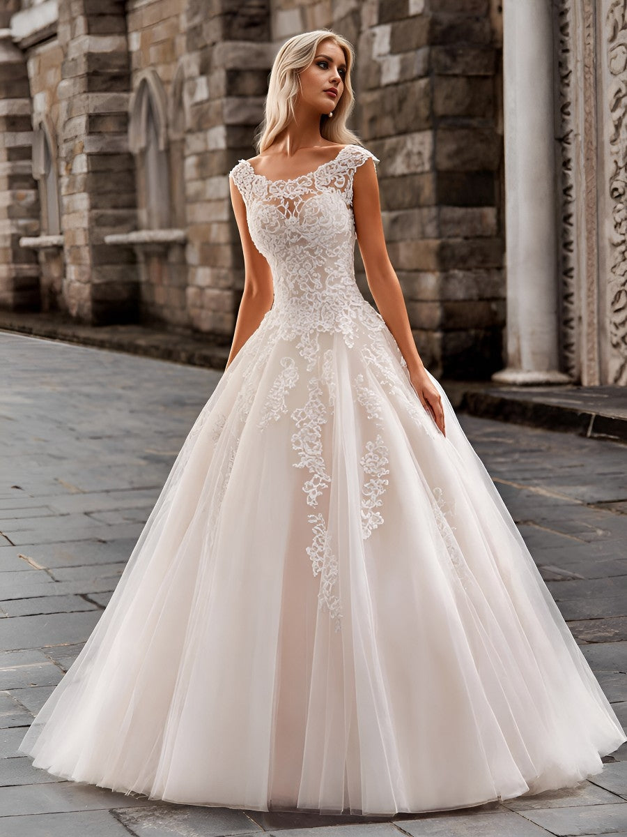 A-line/Princess Bateau Appliques Lace Court Train Tulle Corset Wedding Dress