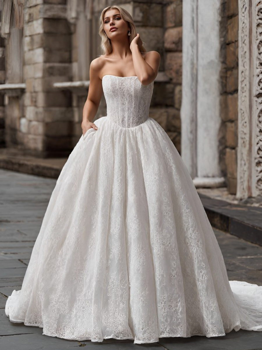 A-line/Princess Straight Ruffles Chapel Train Lace Corset Wedding Dress