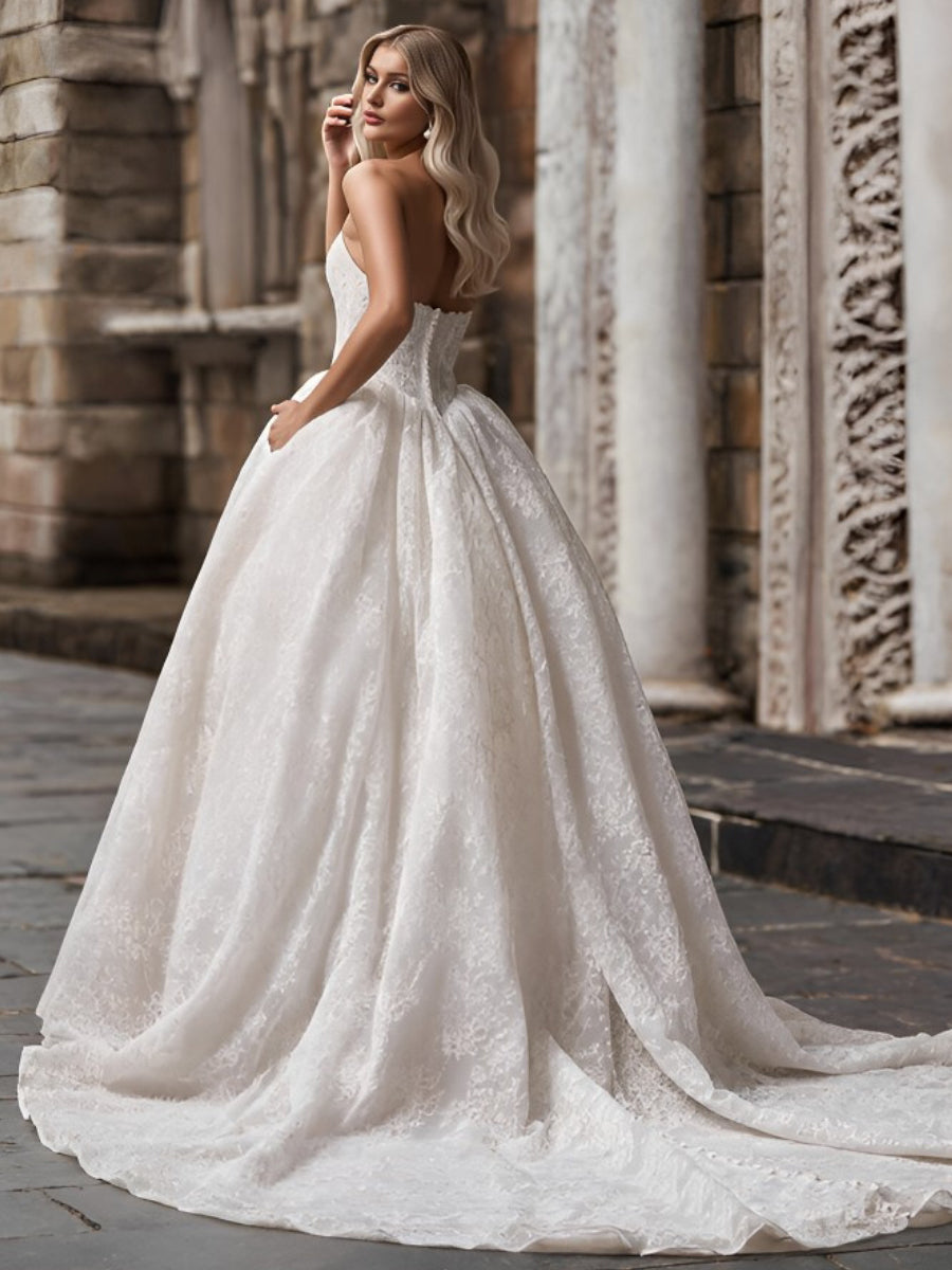 A-line/Princess Straight Ruffles Chapel Train Lace Corset Wedding Dress