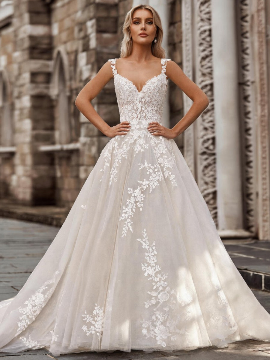 A-line/Princess Sweetheart Appliques Lace Chapel Train Tulle Corset Wedding Dress