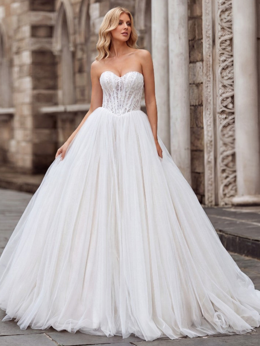 A-line/Princess Sweetheart Ruffles Sweep Train Tulle Corset Wedding Dress