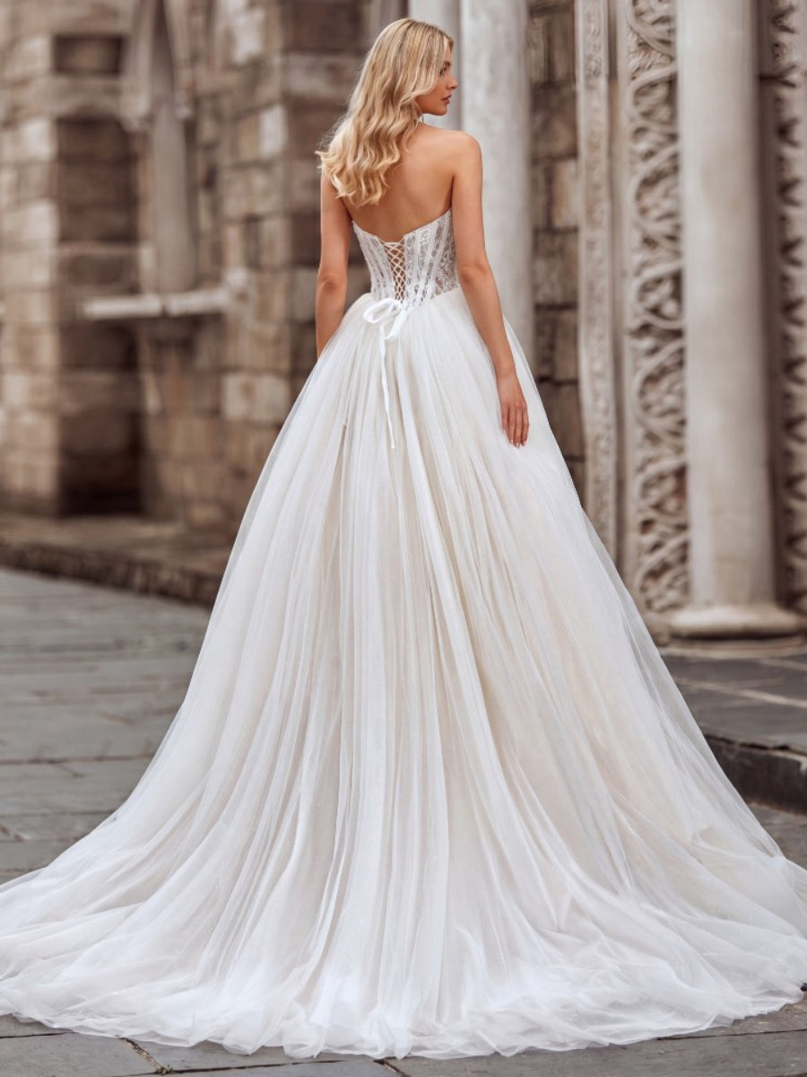 A-line/Princess Sweetheart Ruffles Sweep Train Tulle Corset Wedding Dress