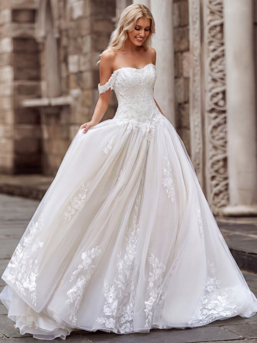 A-line/Princess Off-the-Shoulder Appliques Lace Court Train Tulle Corset Wedding Dress