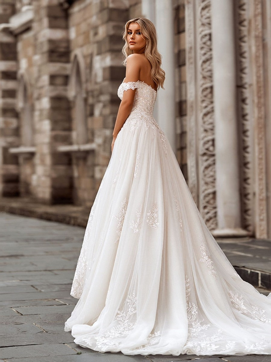A-line/Princess Off-the-Shoulder Appliques Lace Court Train Tulle Corset Wedding Dress