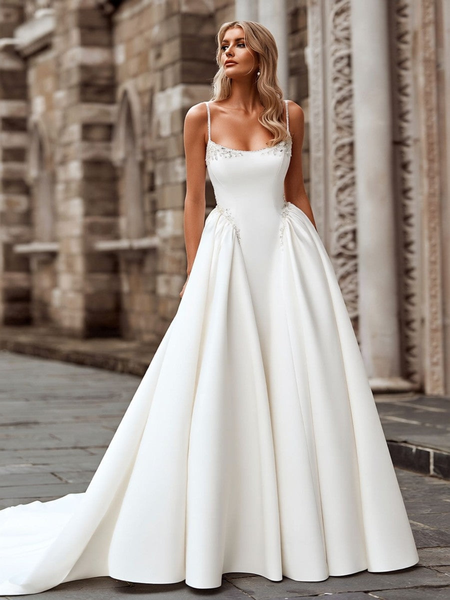 A-line/Princess Spaghetti Straps Ruffles Court Train Satin Corset Wedding Dress