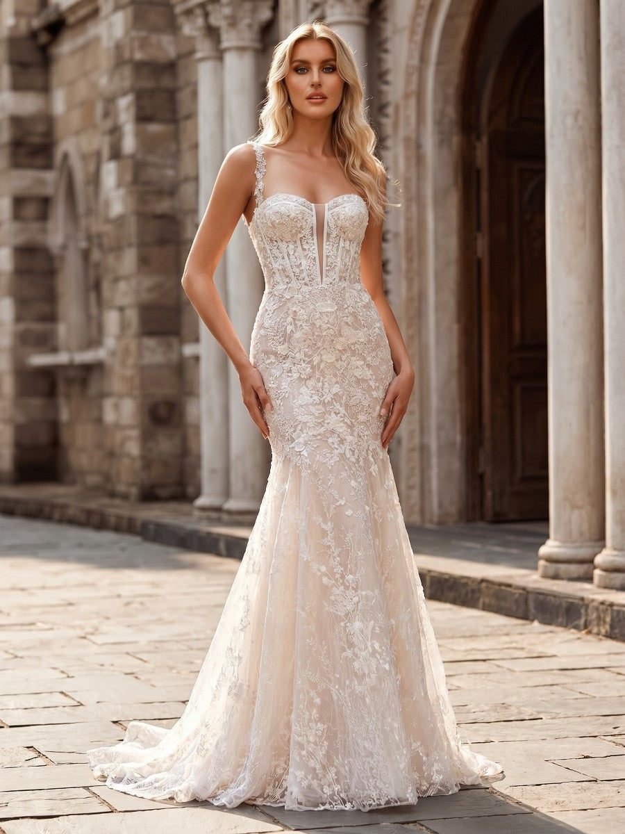 Sheath/Column Sweetheart Appliques Lace Court Train Lace Corset Wedding Dress